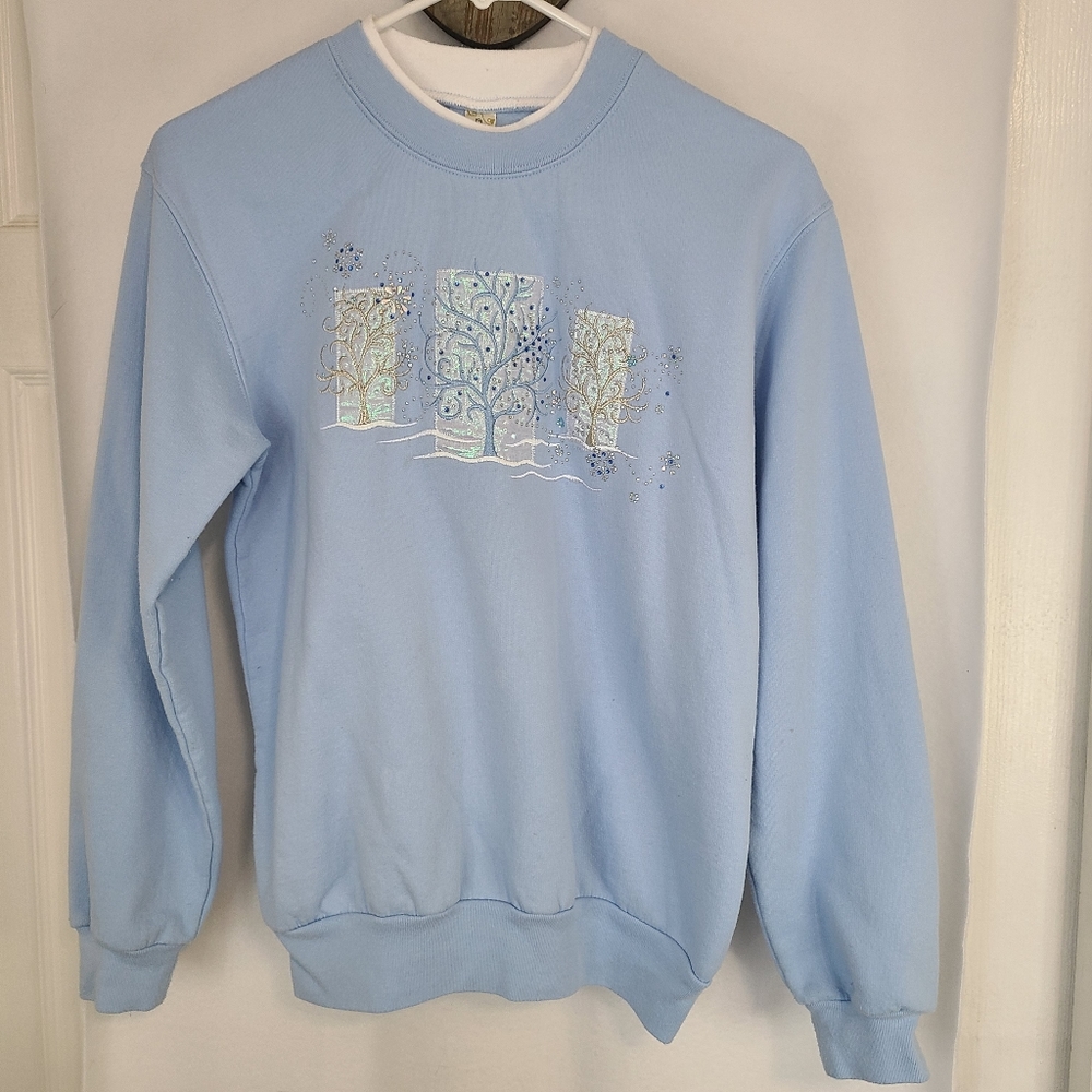 Decorated Originals Woman's Graphic Long Sleeve Sweater, Size: Small Color: Blue